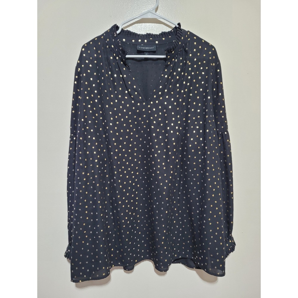 Lane Bryant Blouse Women Size 20 Black Gold Metallic Foil Polka Dot